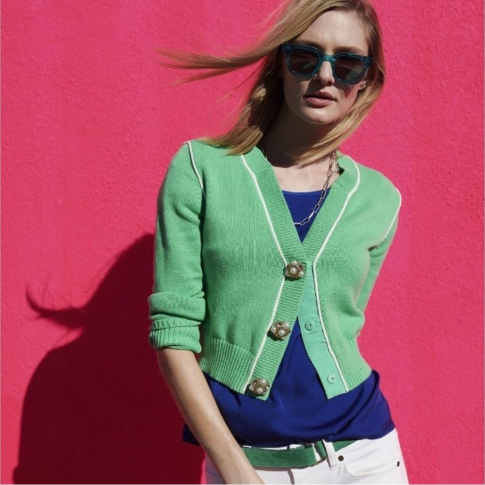CAbi Wallis Cropped Cardigan Mint Julep Green Jeweled Buttons EUC #5459 Size S